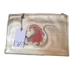 Diane Von Furstenberg Lion Leo Astrology leather Clutch Gold Zip Pouch